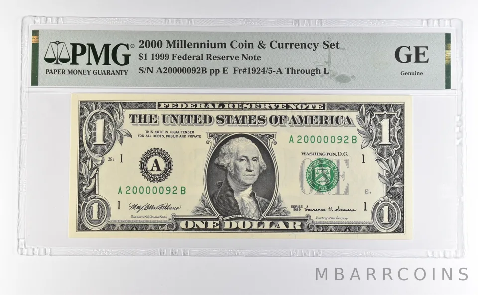 2000 Millennium Coin & Currency $1 1999 FRN Boston MA Low Serial 92 PMG a4600