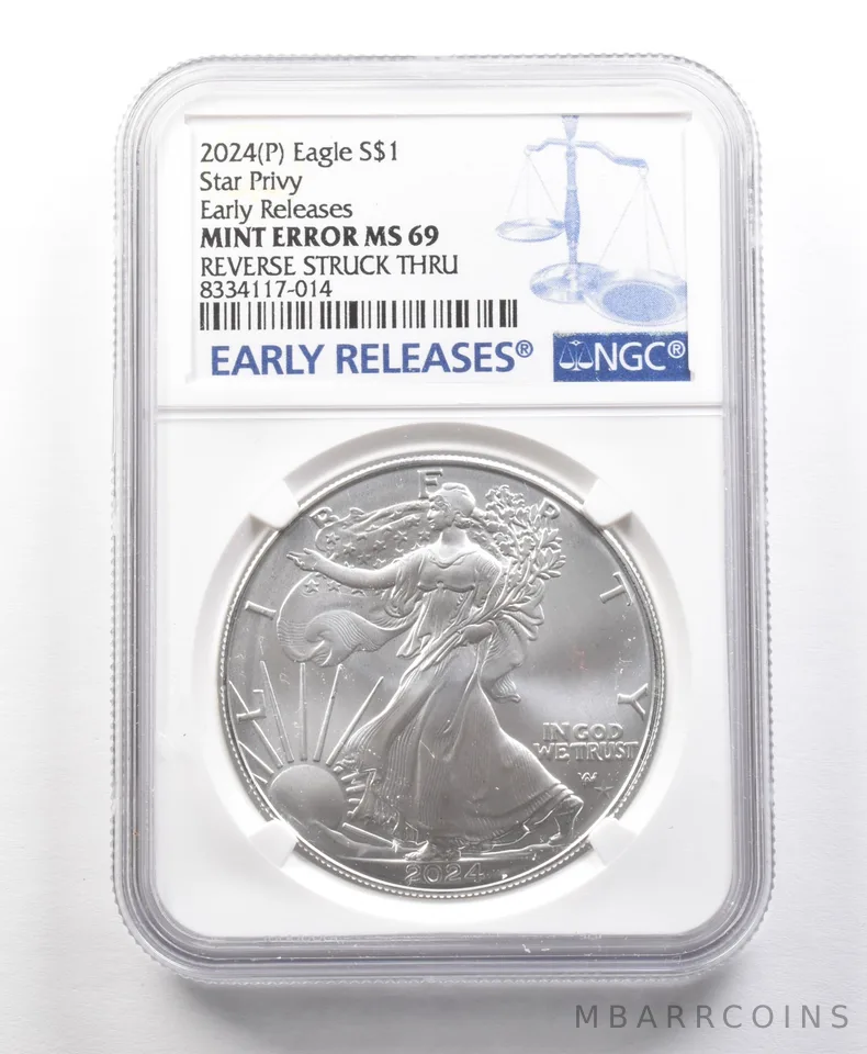 2024 (P) American Silver Eagle Star Privy Error Rev Struck Thru MS69 NGC *5667