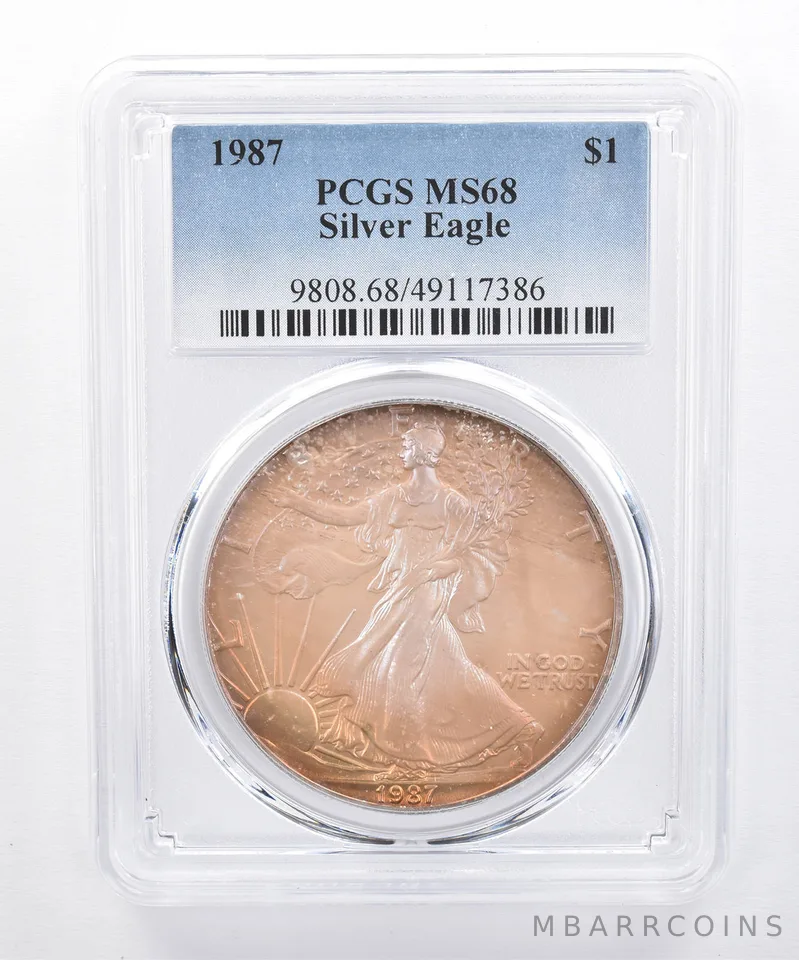 1987 American Silver Eagle MS68 PCGS Rainbow Tone *8482
