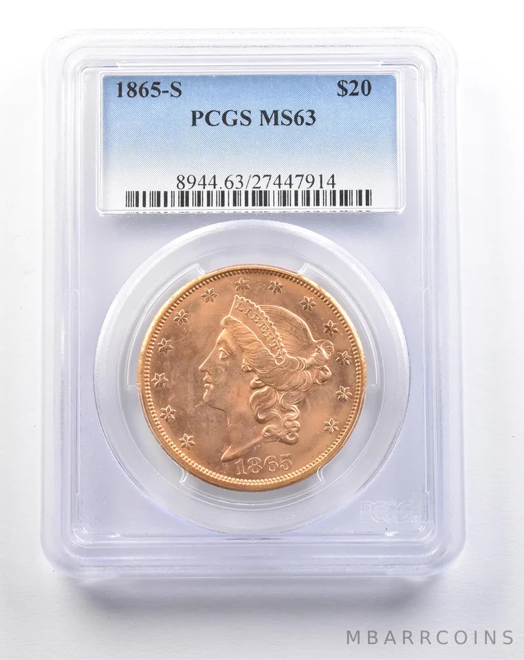 1865-S $20 Liberty Head Gold Double Eagle MS63 PCGS a5302