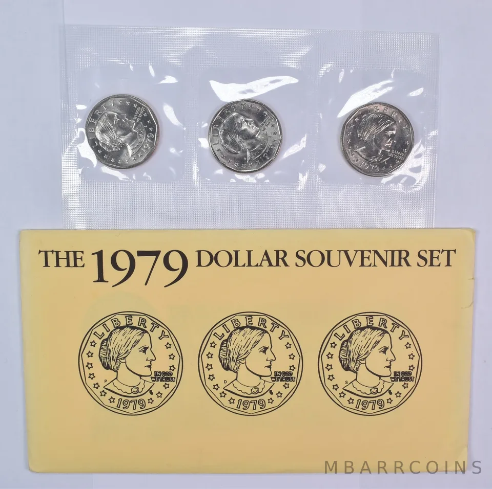 1979 Susan B Anthony $1 Uncirculated Coin Set w/ OGP Envelope P+D+S (3 coins)