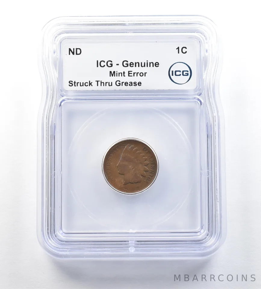 ND Indian Head Cent Mint Error Struck Thru Grease Genuine ICG *0647
