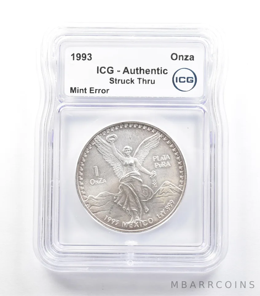 1993 Mo Mexico 1 Onza Silver Libertad Mint Error Struck Thru Authentic ICG *5063