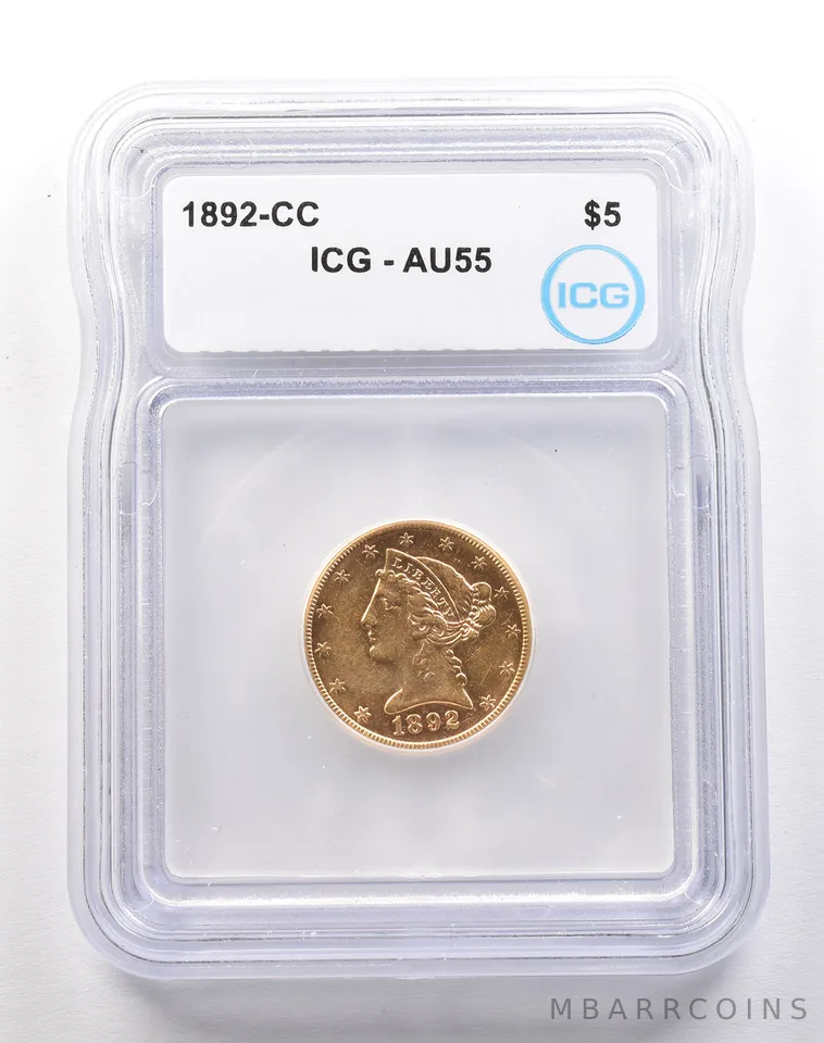 1892-CC $5 Liberty Head Gold Half Eagle AU55 ICG a1802