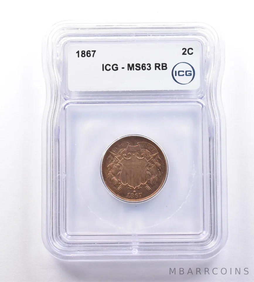 1867 Shield Two Cents MS63 RB ICG a9238