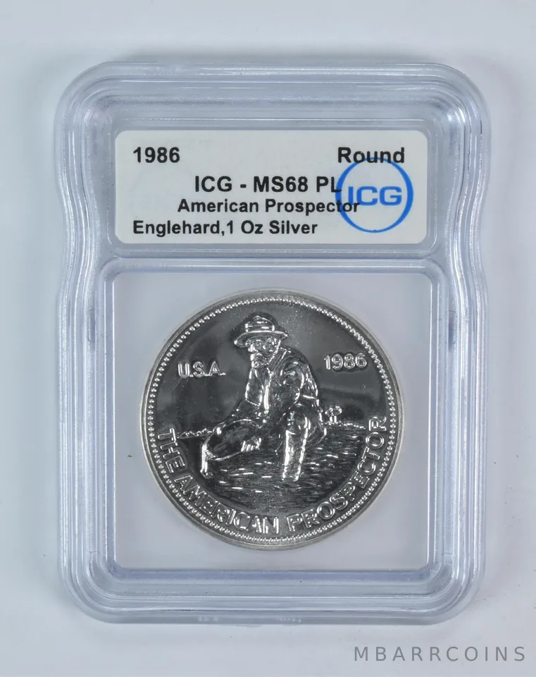 1986 Engelhard 1 Oz Silver American Prospector MS68 PL ICG