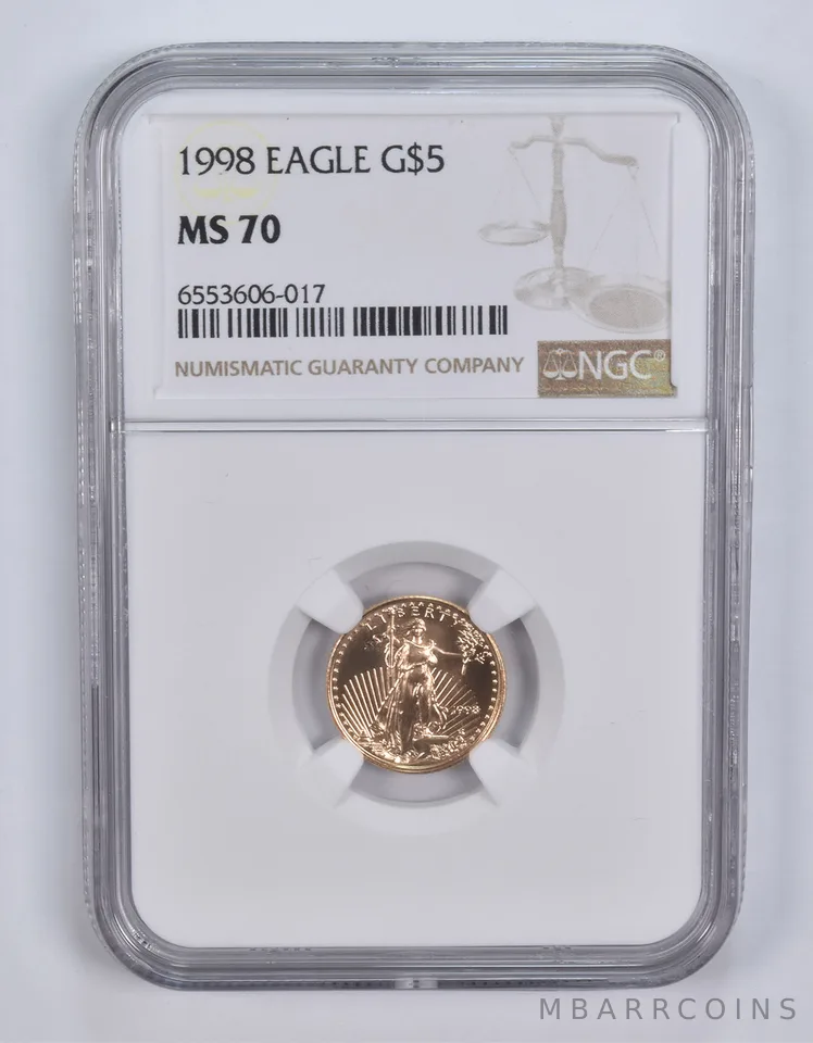 1998 $5 American Gold Eagle 1/10 Oz MS70 NGC Brown Label