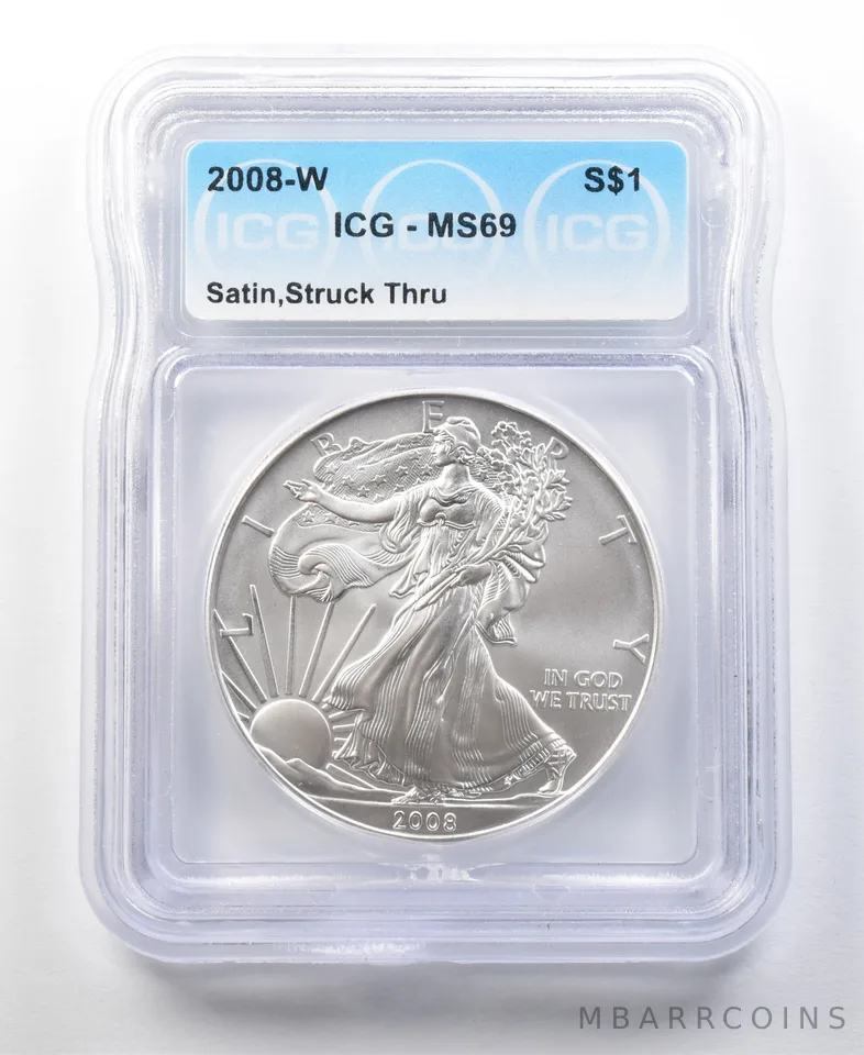2008-W Burnished Silver Eagle Struck Thru MS69 ICG *0180