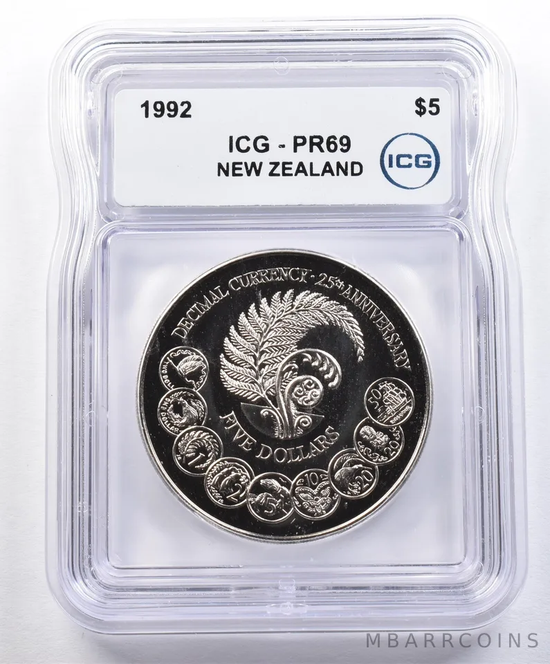 1992 New Zealand 5 Dollars Decimal Currency 25th Anniversary PR69 ICG *1604