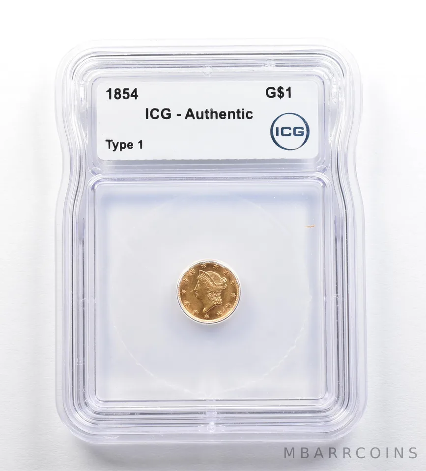 1854 $1 Liberty Head Gold Dollar Piece Type 1 Authentic ICG *0385