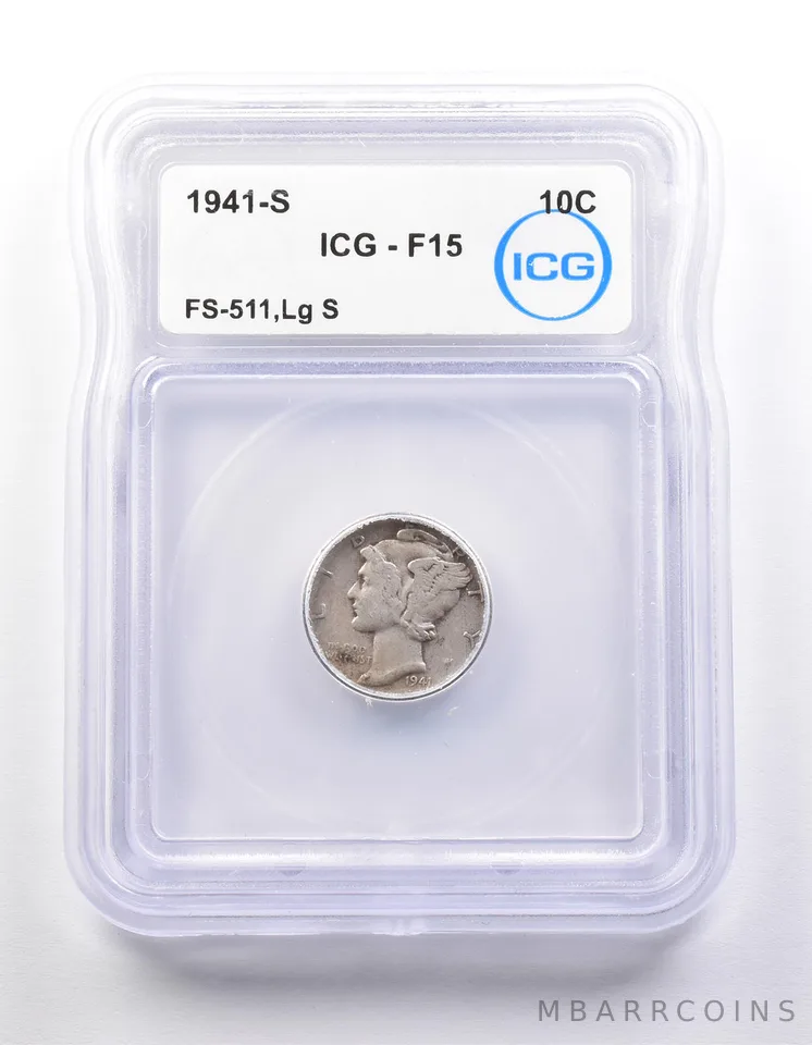 1941-S Mercury Dime FS-511 Large S F15 ICG *9882
