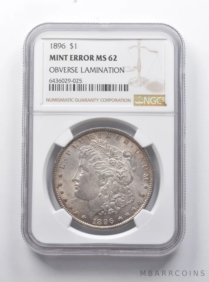 Error MS62 1896 Morgan Silver Dollar OBV Lamination NGC *7931
