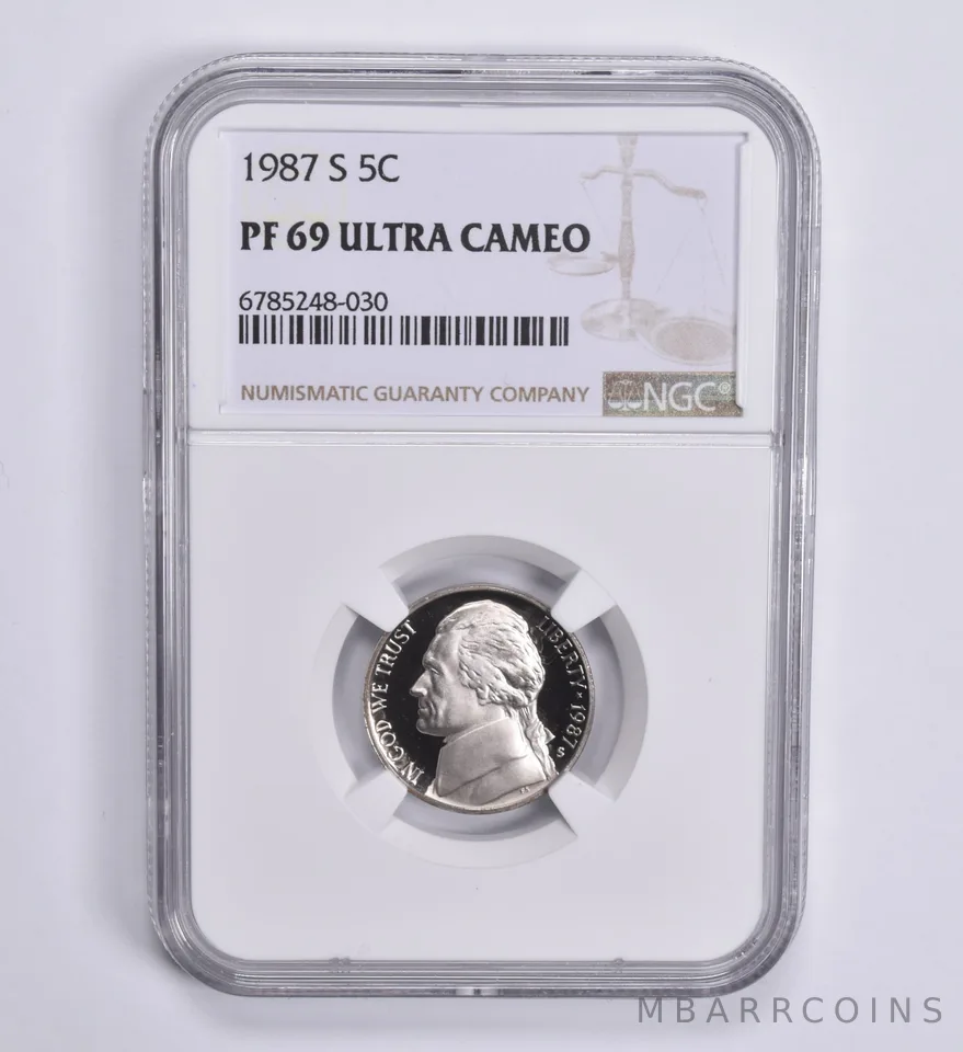 1987-S Jefferson Nickel 5c PF69 UCam NGC Brown Lbl