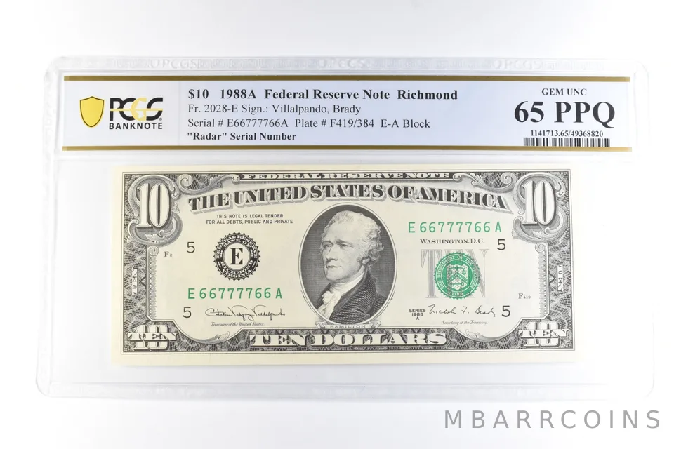 1988 A $10 Richmond VA FRN Fr#2028-E Radar Serial Gem Unc 65 PPQ PCGS a6101