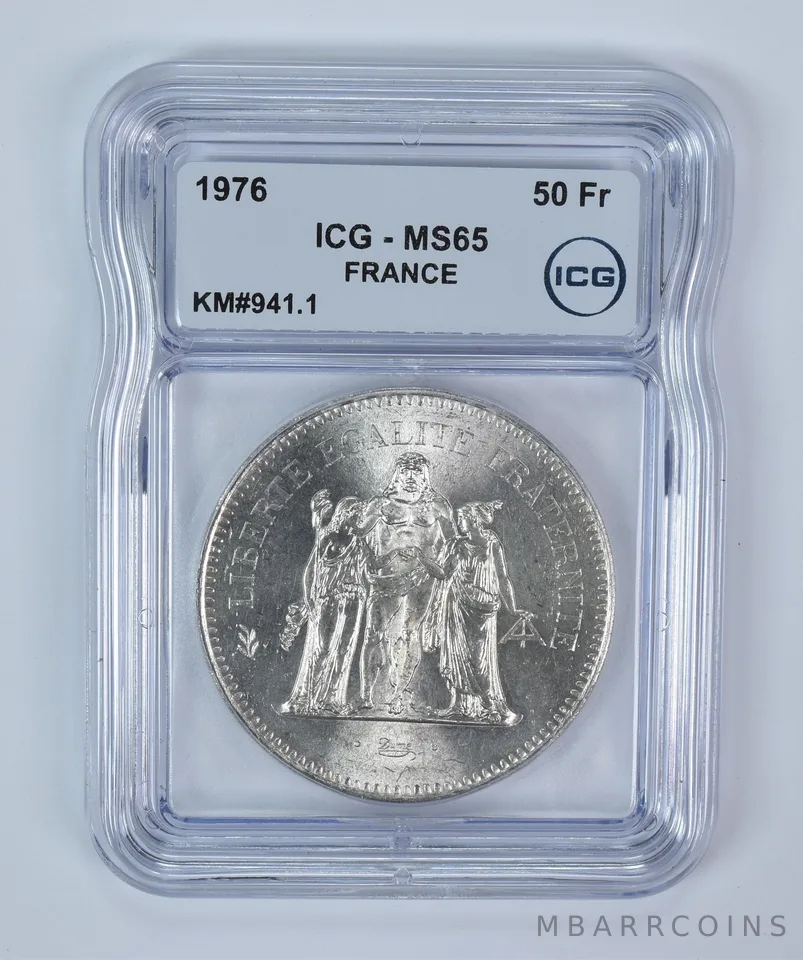 1976 France 50 Francs Silver KM#941.1 MS65 ICG