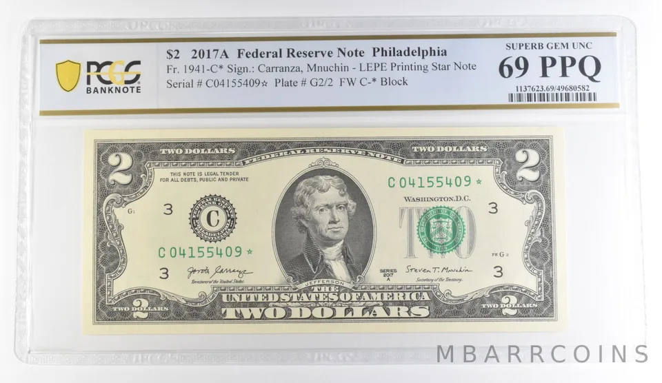 2017 A $2 Philadelphia PA FRN Star Note Fr#1941-C* Gem Unc 69 PPQ PCGS a8878