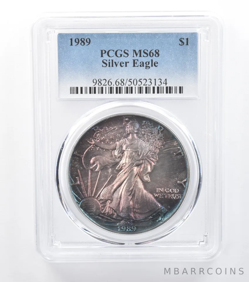 1989 American Silver Eagle MS68 PCGS Blue/Purple Tone a7787