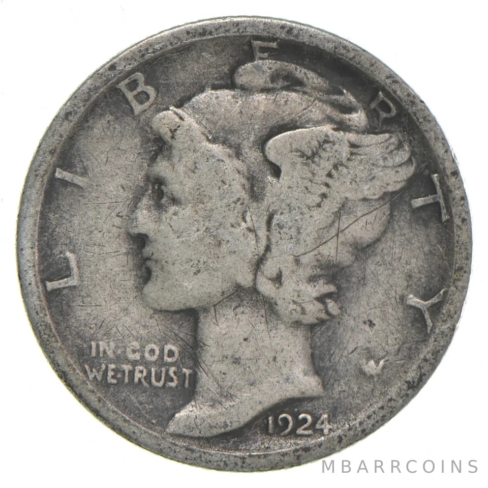 VG+ 1924-S Mercury 90% Silver Dime