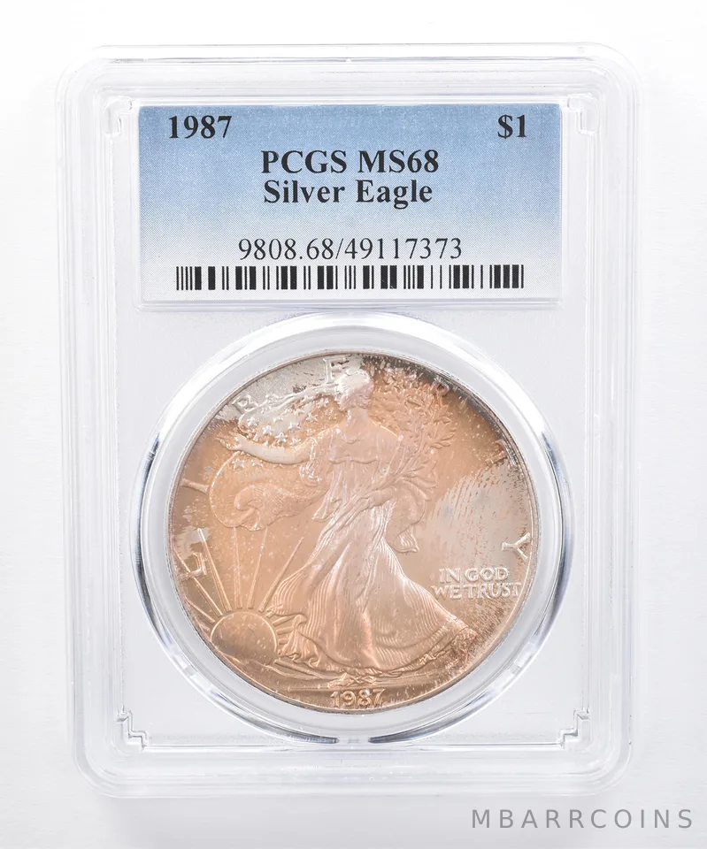 1987 American Silver Eagle MS68 PCGS Orange/Purple Tone *8457