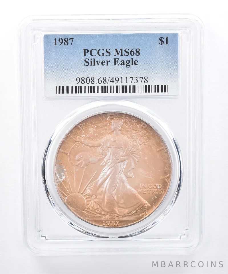 1987 American Silver Eagle MS68 PCGS Iridescent Tone *8396