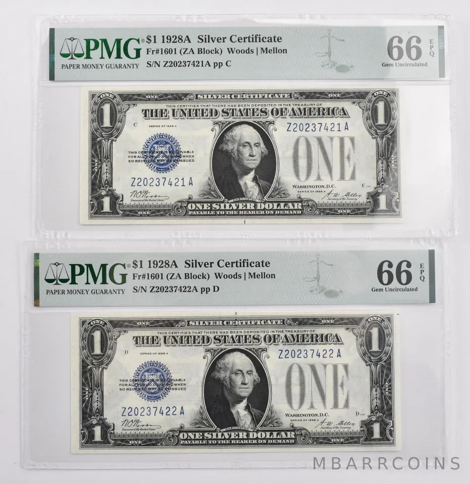 (2) 1928 A $1 Silver Certificate Fr#1601 GU 66 EPQ PMG Consecutive Serial *5256