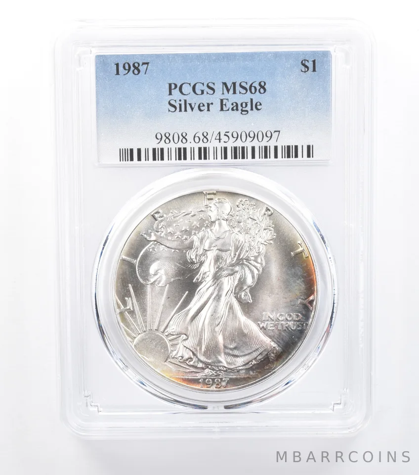 1987 American Silver Eagle MS68 PCGS Peripheral Rainbow Tone *7723