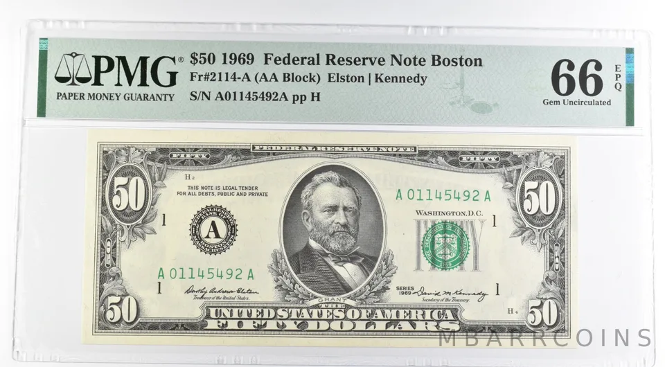 1969 $50 Boston MA US FRN Fr#2114-A 66 Gem Unc EPQ PMG *8500