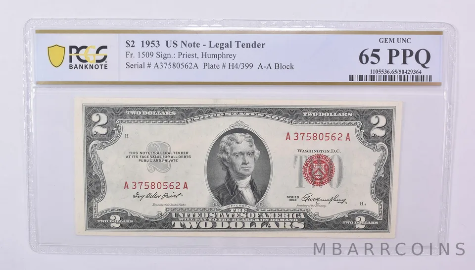 1953 $2 US Legal Tender Fr#1509 Gem Unc 65 PPQ PCGS