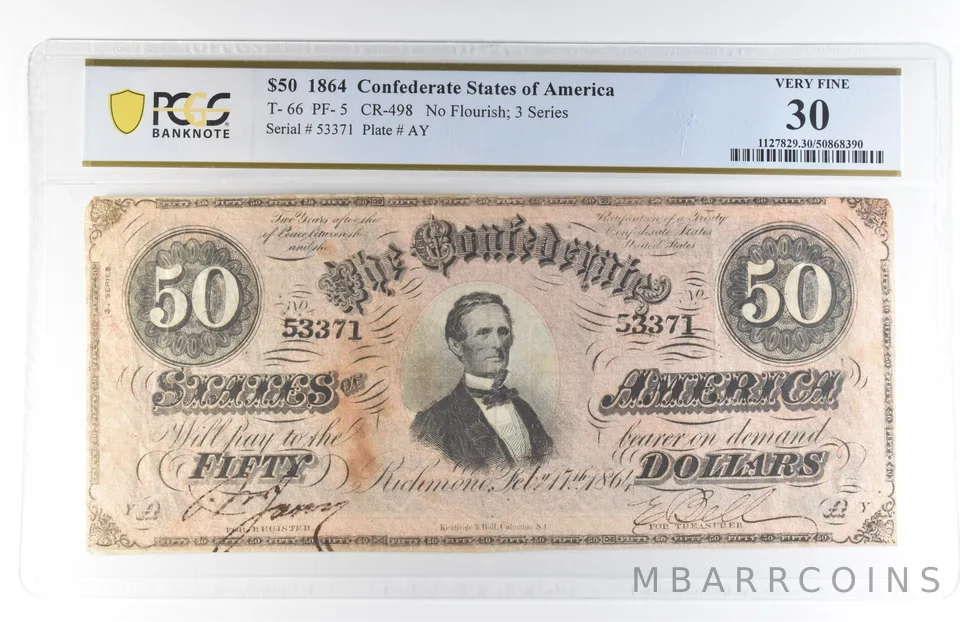 1864 $50 Confederate States Of America T-66 PF-5 CR-498 Very Fine 30 PCGS a8149