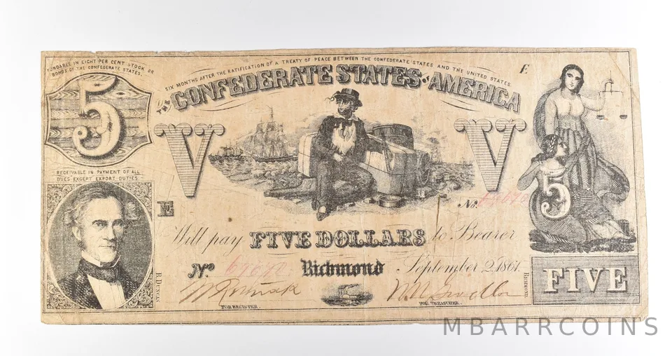 1863 $5 Richmond VA Confederate States Of America Obsolete Note *3881