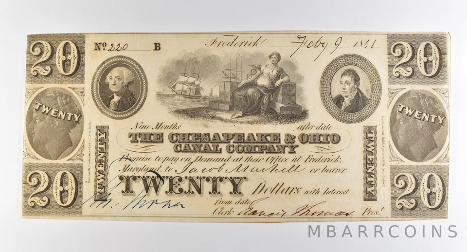 1841 $20 Frederick MD Chesapeake & Ohio Canal Company Obsolete Note *3791