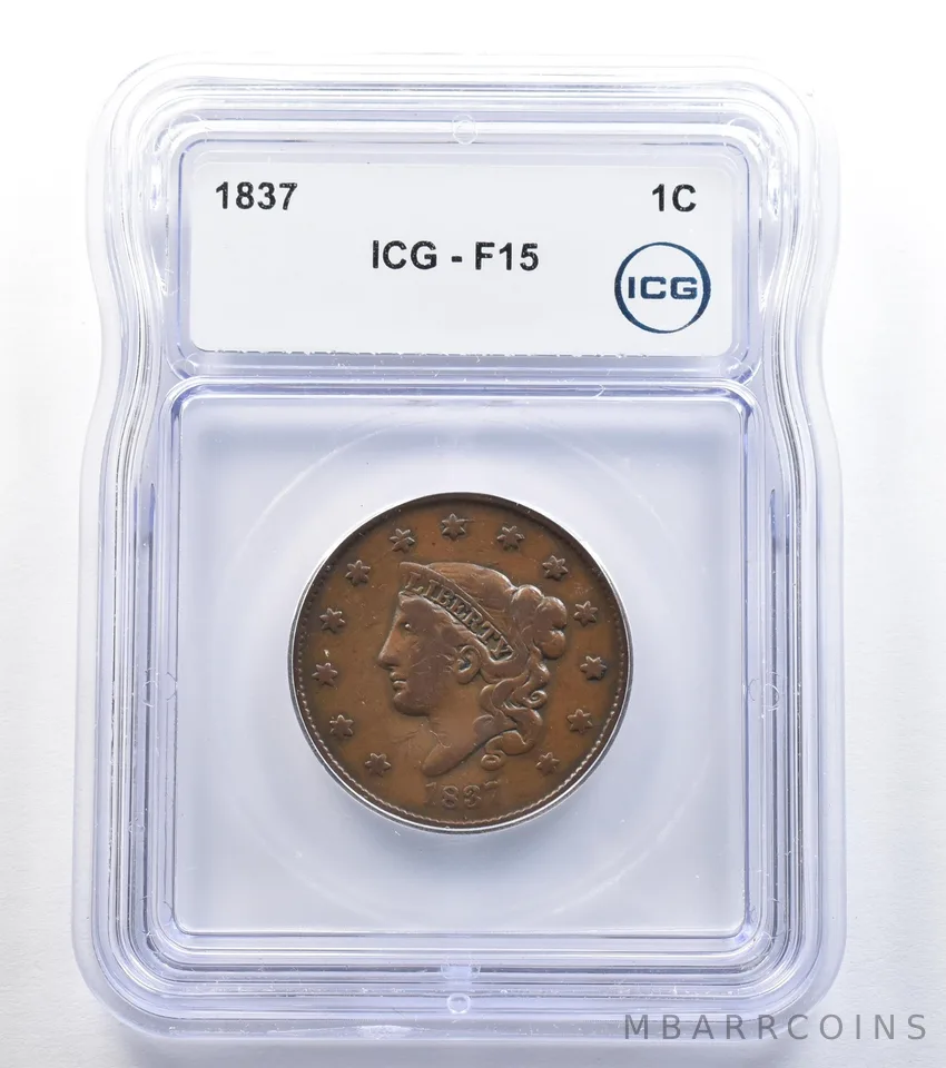 1837 Coronet Head Large Cent F15 ICG *8031