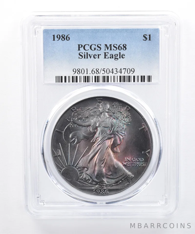 1986 American Silver Eagle MS68 PCGS Dark Blue/Purple Tone *8431