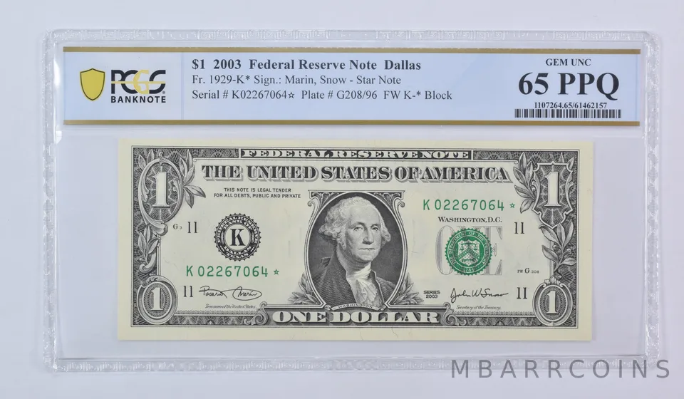 2003 $1 Dallas TX FRN Star Note Fr#1929-K* Gem Unc 65 PPQ PCGS