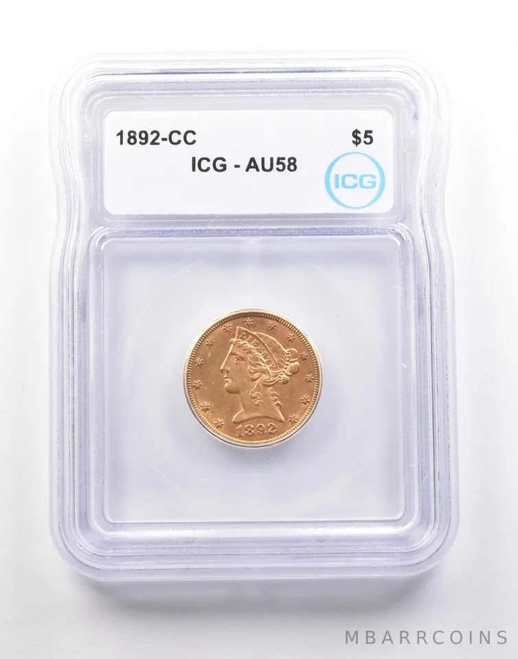 1892-CC $5 Liberty Head Gold Half Eagle AU58 ICG a5108