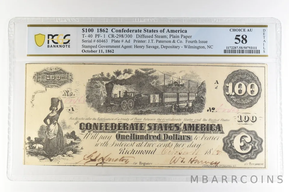 1862 $100 Confederate States America T-40 PF-1 CR-398/300 Choice AU58 PCGS *4431