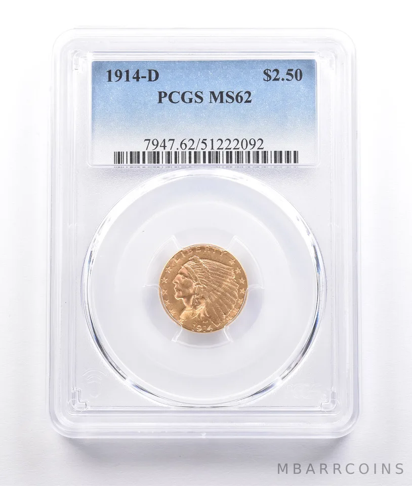 1914-D $2.50 Indian Head Gold Quarter Eagle MS62 PCGS *6827