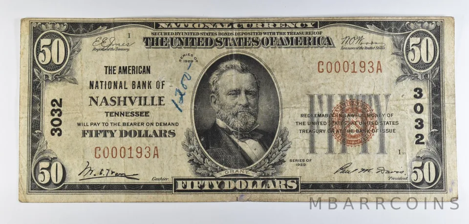 1929 $50 National Currency Note Nashville TN Ch#3032 a8547