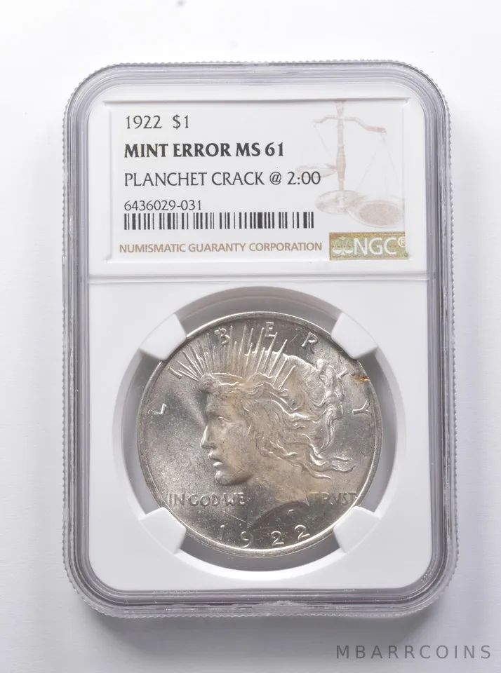 MINT ERROR MS61 1922 Peace Silver Dollar Planchet Crack @ 2:00 NGC *7760