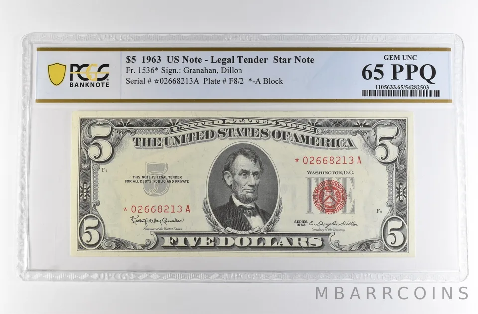 1963 $5 Legal Tender Star Note Fr#1536* Gem Unc 65 PPQ PCGS *4222
