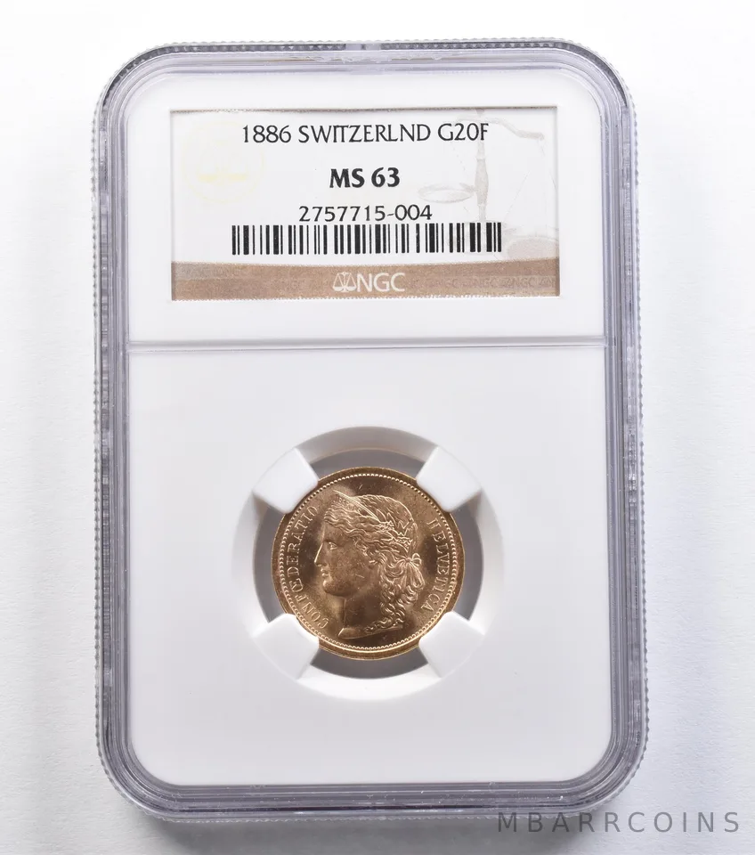 1886 Switzerland 20 Francs Gold MS63 NGC *2226