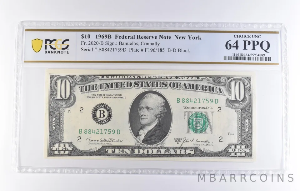 1969 B $10 New York NY FRN Fr#2020-B Choice Unc 64 PPQ PCGS *8289