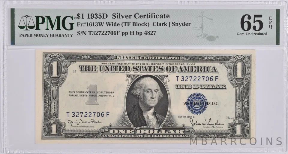 $1 1935-D Silver Certificate Fr#1613W PMG Gem Unc 65 EPQ