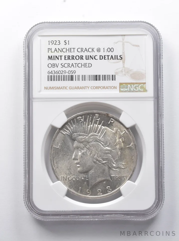 Err UNC Dtls 1923 Peace Silver $1 Planchet Crack @ 1:00 OBV Scratched NGC *7913