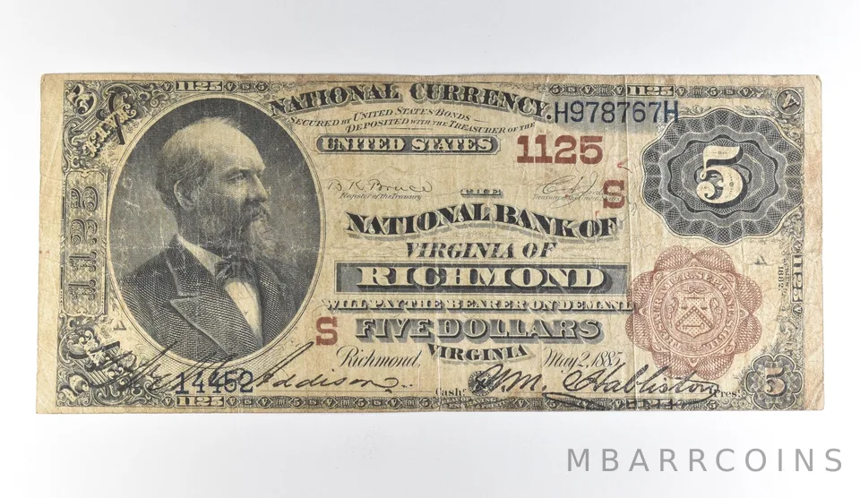 1882 $5 Richmond VA National Currency Large Note Red Seal 1125 Brown Back *1688