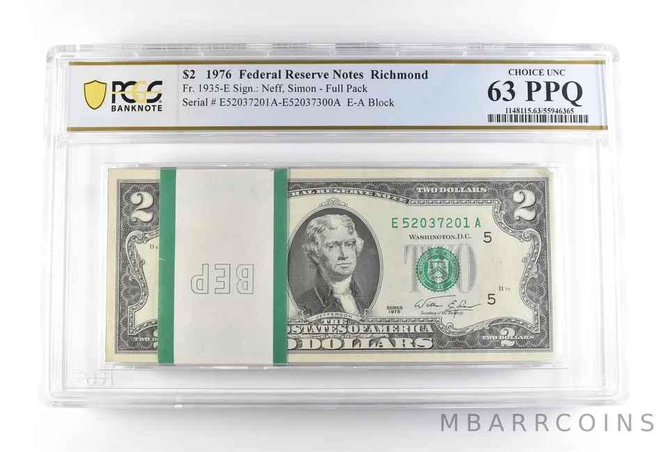 1976 $2 Richmond VA FRN Full Pack Fr#1935-E Choice Unc 63 PPQ PCGS *2511