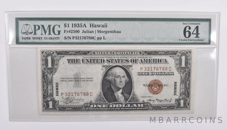 $1 1935-A Hawaii Emergency Issue WWII Brown Seal 64 EPQ PMG Fr# 2300