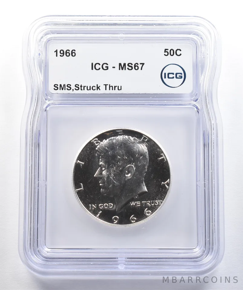 1966 Kennedy Half Dollar SMS Mint Error Struck Thru MS67 ICG *7787