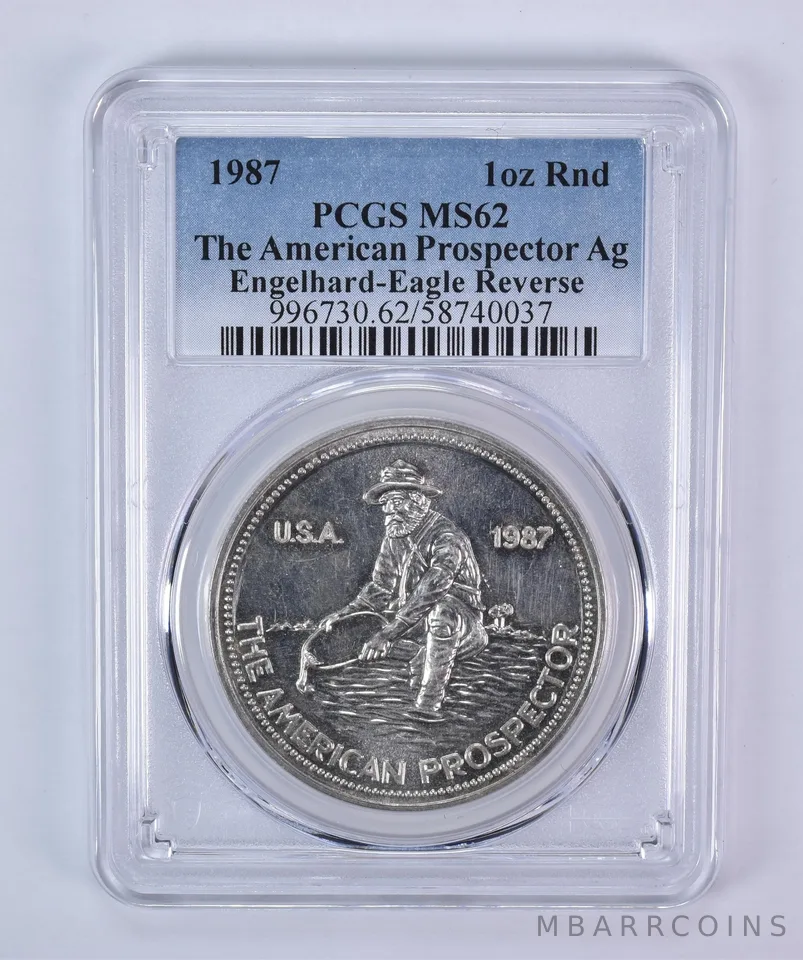 1987 Engelhard Prospector 1 Oz Silver Round Eagle Reverse MS62 PCGS