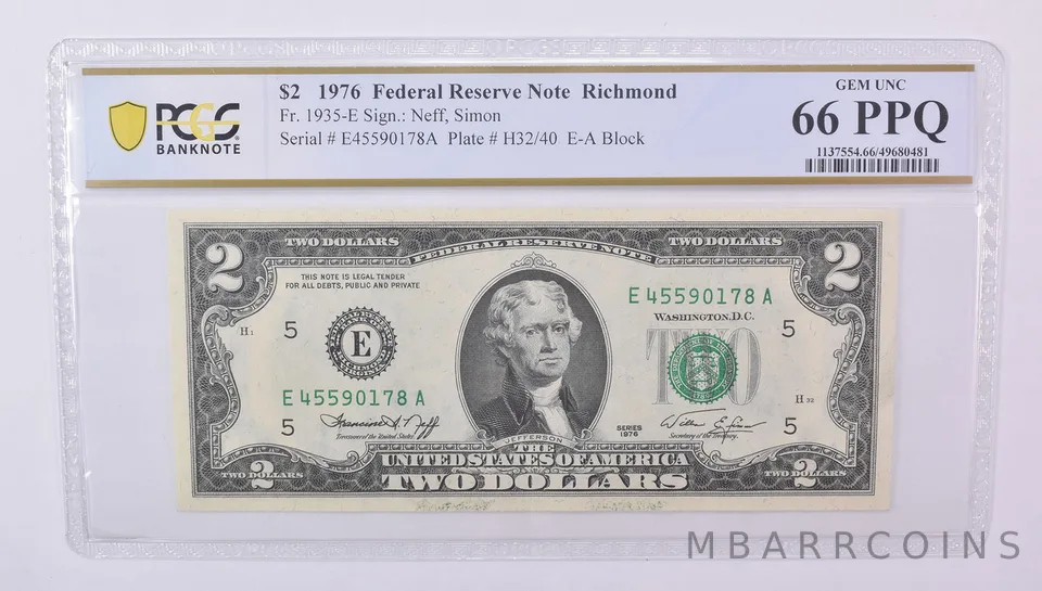 $2 1976 Richmond VA FRN Fr#1935-E Gem Unc 66 PPQ PCGS
